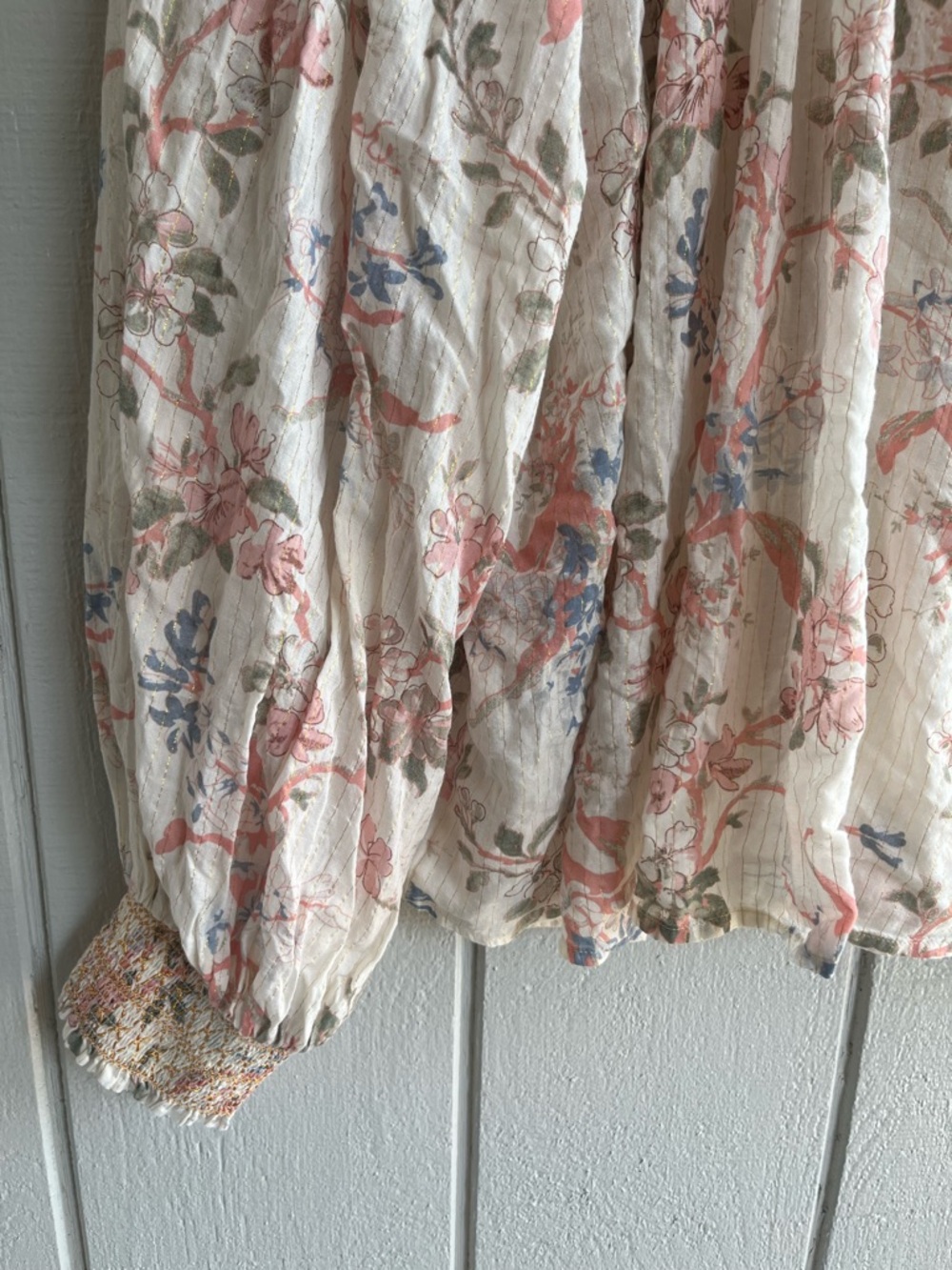 Anthropologie Viscose Long Sleeve Smocked Lurex Top Floral Print Tassels Size M - Picture 8 of 10